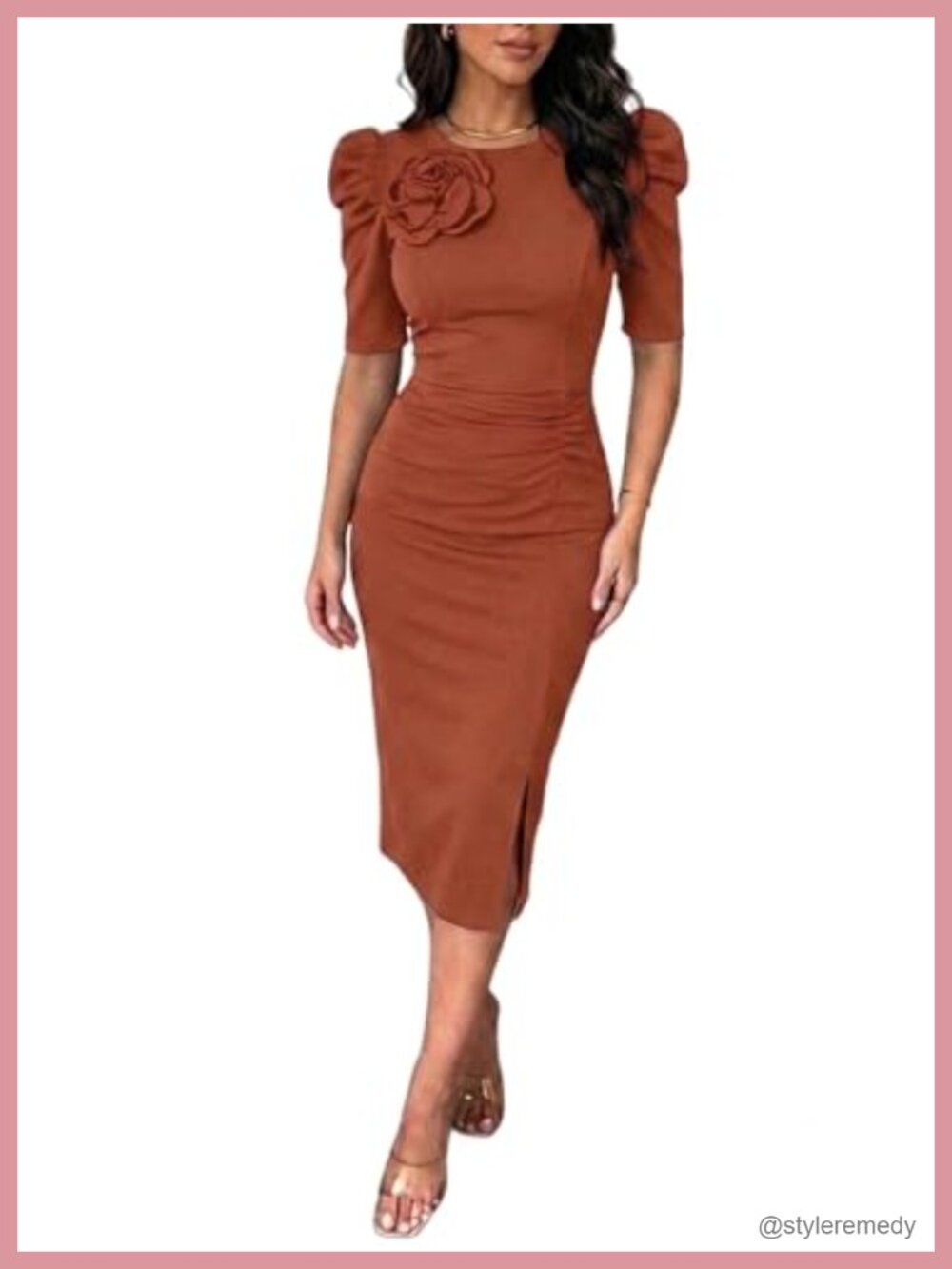 Chicme Bodycon Midi Dress With Puff Sleeves Cocktail Pencil Dress For Women